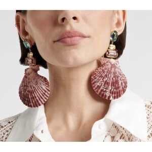 Jennifer Behr Calabria Embellished Drop Earrings Scallop Shell Crystals Pink